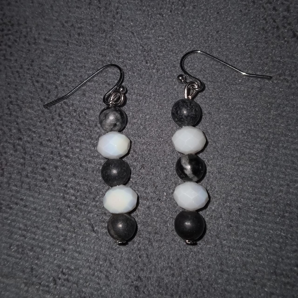 Hand Crafted Black jasper and iridescent white crystal statement earrings New
